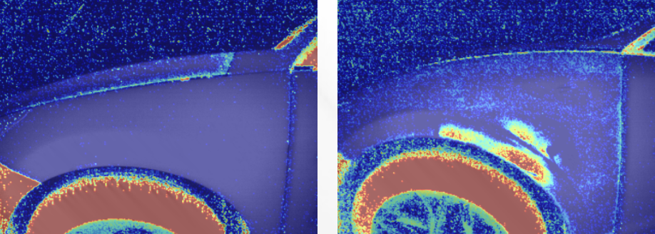 Thermal phase map showing contrast between normal and repaired vehicle panels